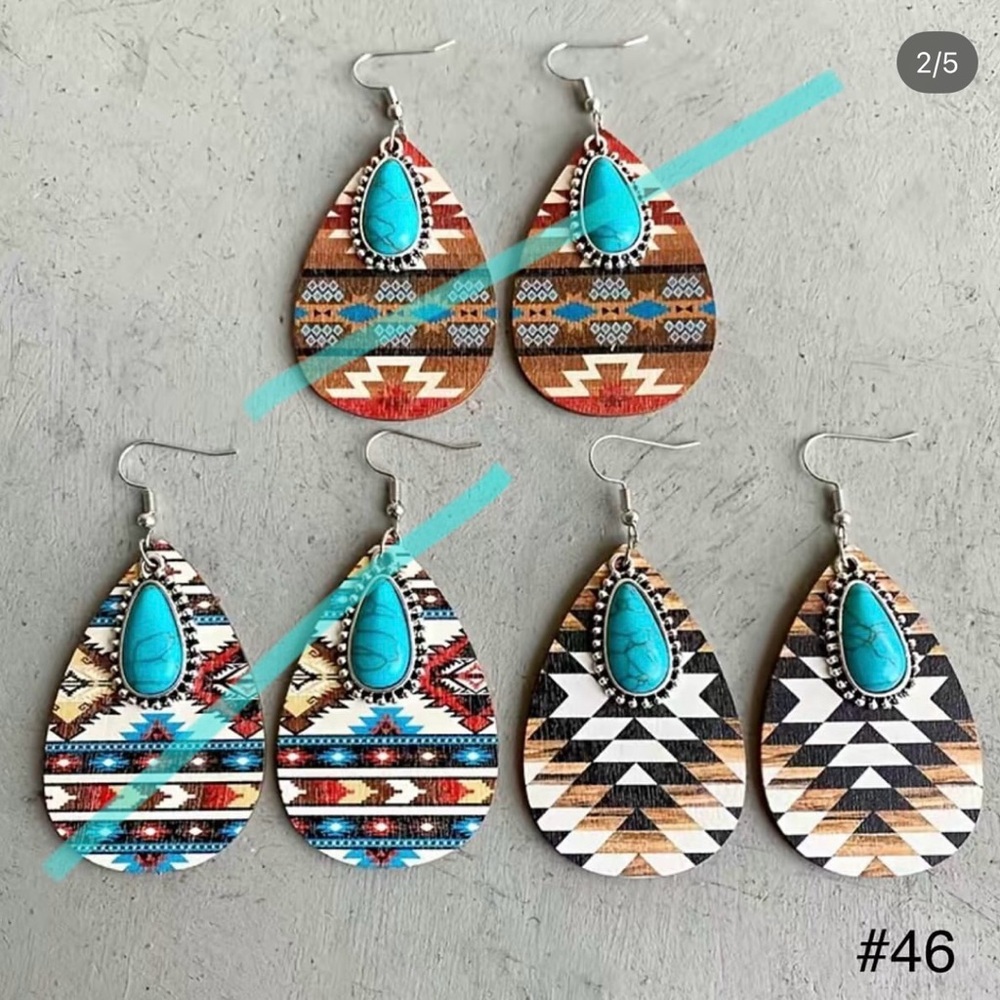 #46 | Aztec Black & Brown Teardrop Dangle Earrings with Turquoise Pendant. - Picture 2 of 5